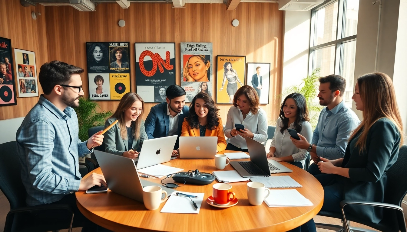 Team of professionals collaborating in a modern office representing Music PR Firms.