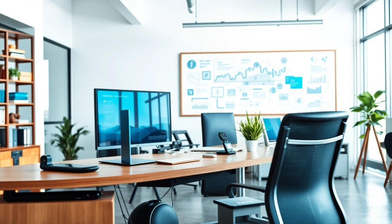 Showcasing web design and SEO services in a bright, modern office setting with digital tools.