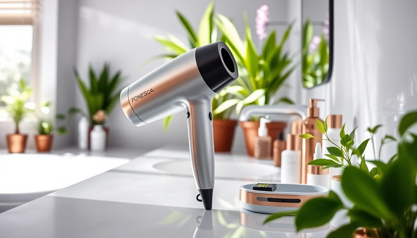 Best blow dryer elegantly displayed with vibrant supporting elements on a counter.