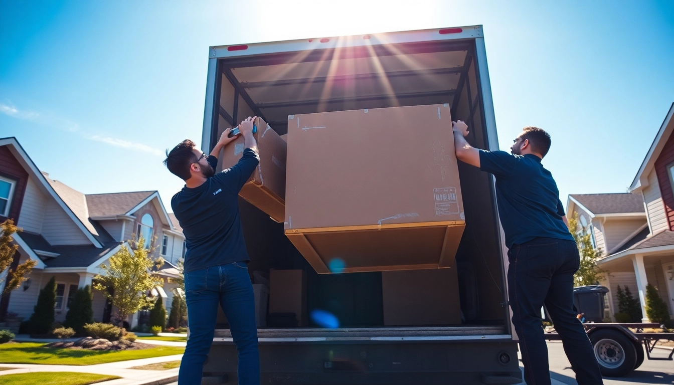 Movers Calgary efficiently loading furniture onto a truck in a bright suburban setting.