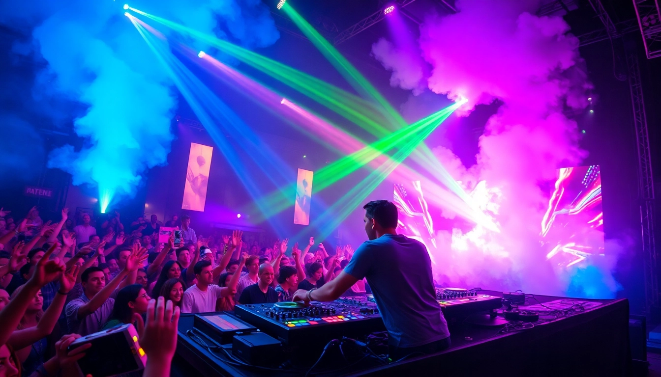 DJ music experience with a vibrant crowd at a live performance and colorful stage lights