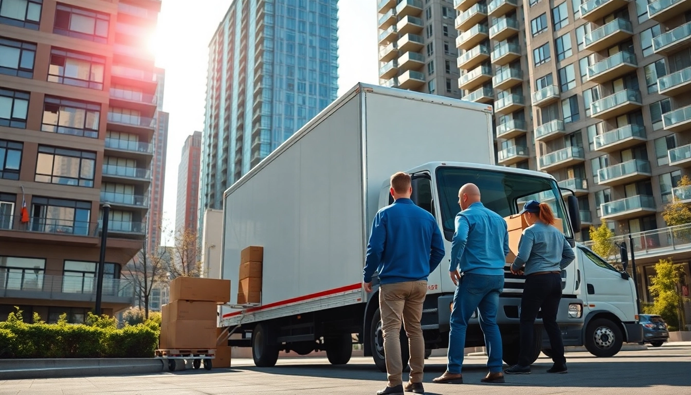 Professional movers loading items for a relocation with the best moving company Toronto in a vibrant urban setting.