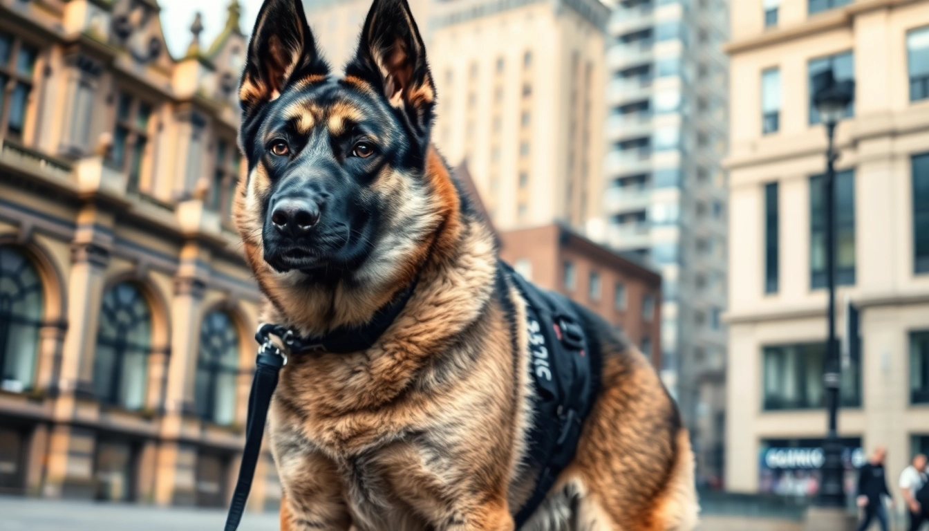 Security Dog Services Newcastle upon Tyne showcased through a vigilant security dog in an urban backdrop.