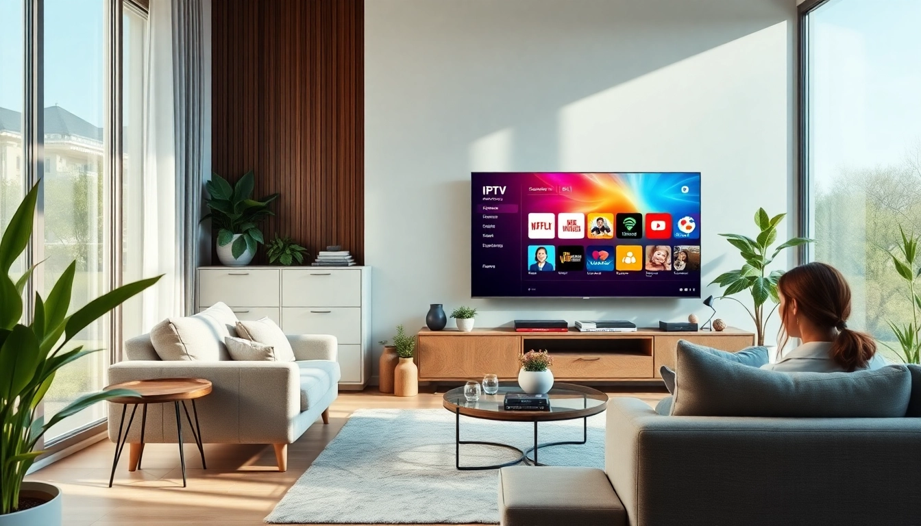 Regarder un abonnement iptv 12 mois smart tv dans un salon moderne et accueillant