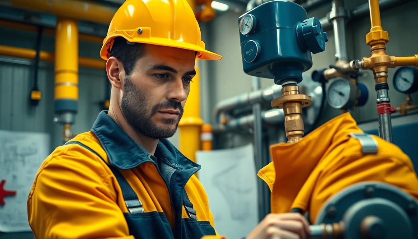 Gas engineer bristol inspecting safety equipment in a bright workshop.