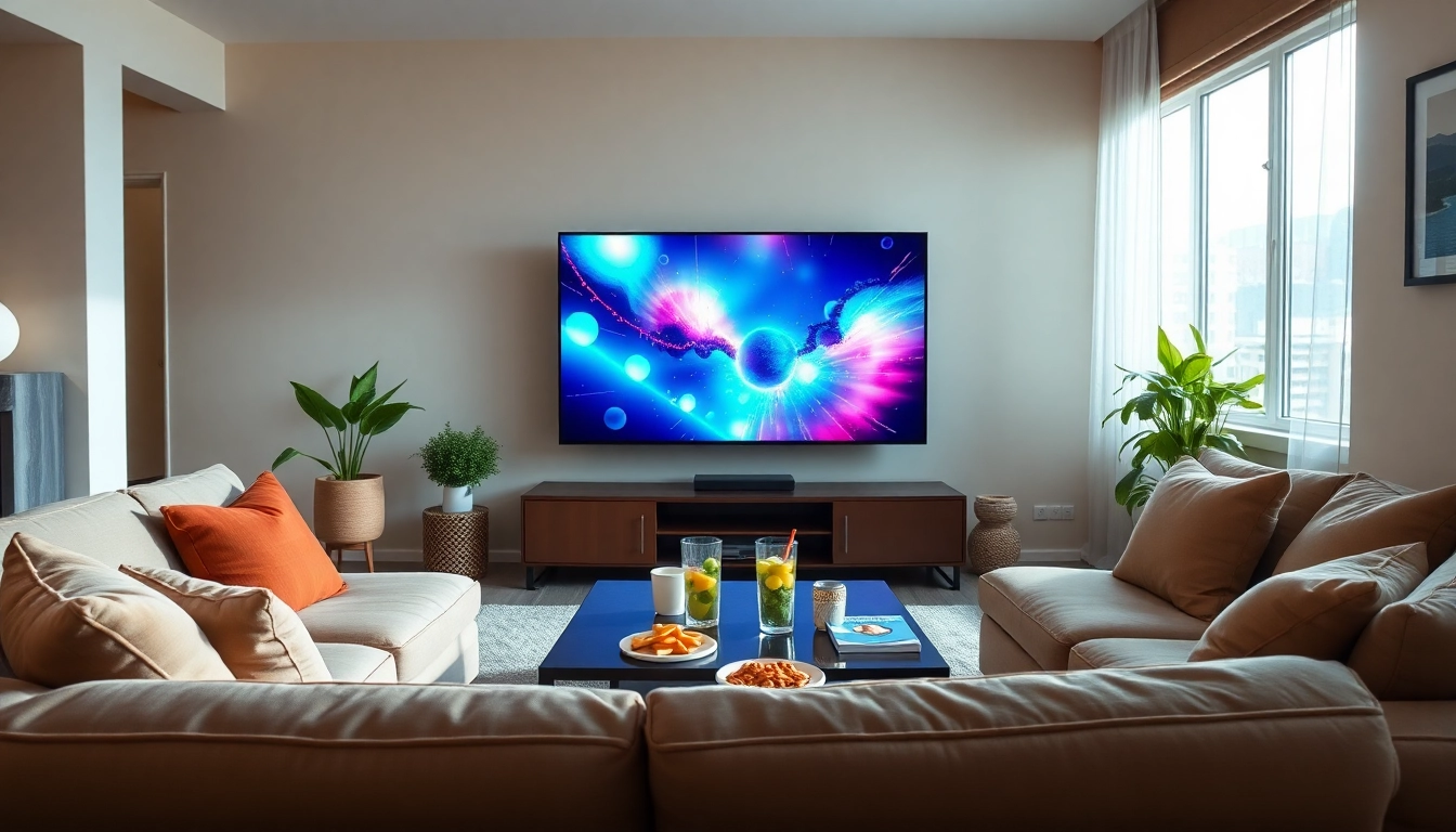 Comprar IPTV en una sala de estar moderna con un televisor brillante y acogedor.