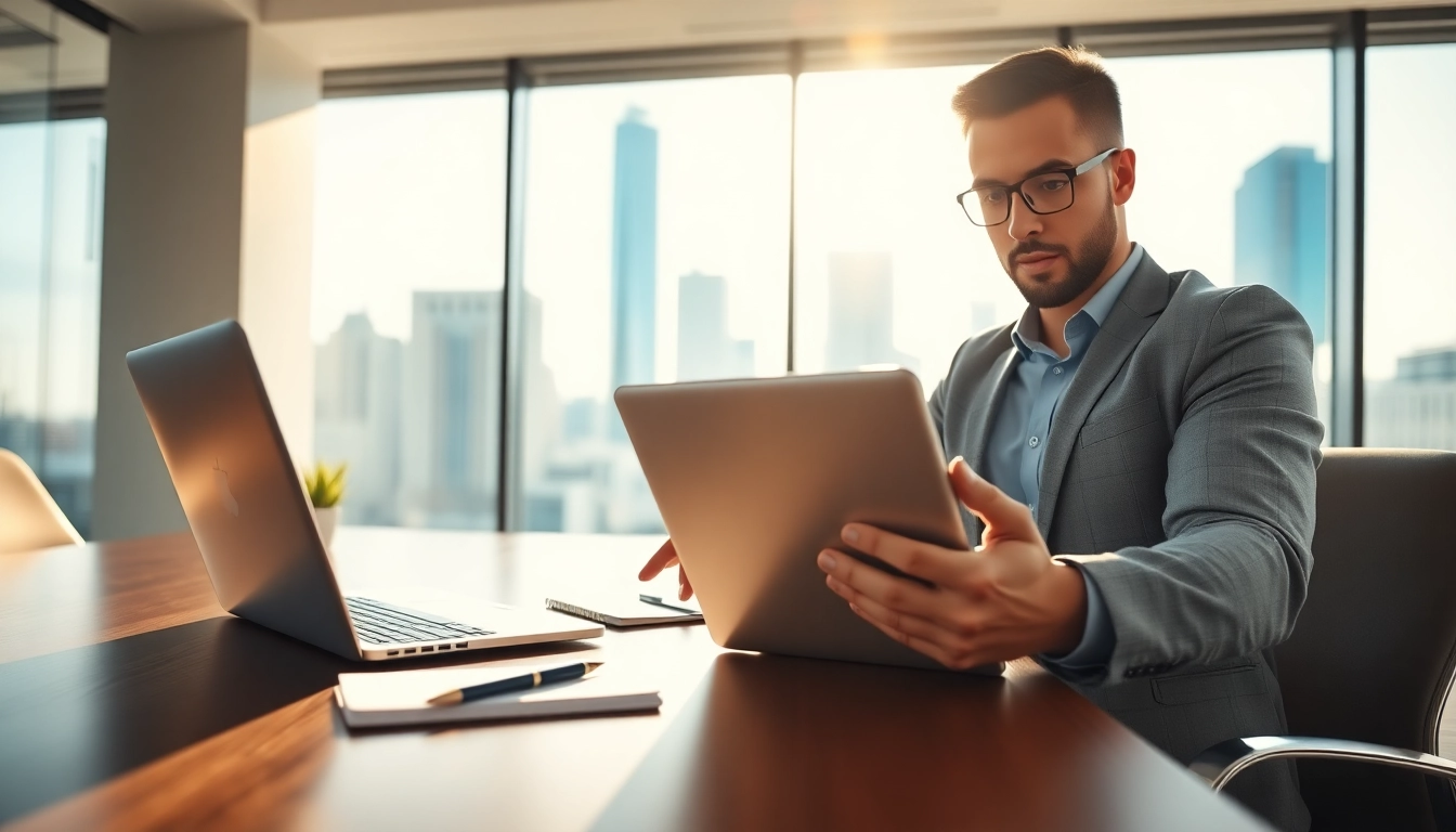 Headhunter Osnabrück diskutiert zwischen modernem Büro und Laptop.