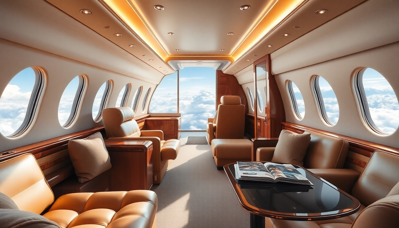 Experience bespoke private jet travel in a luxurious, spacious cabin filled with natural light.