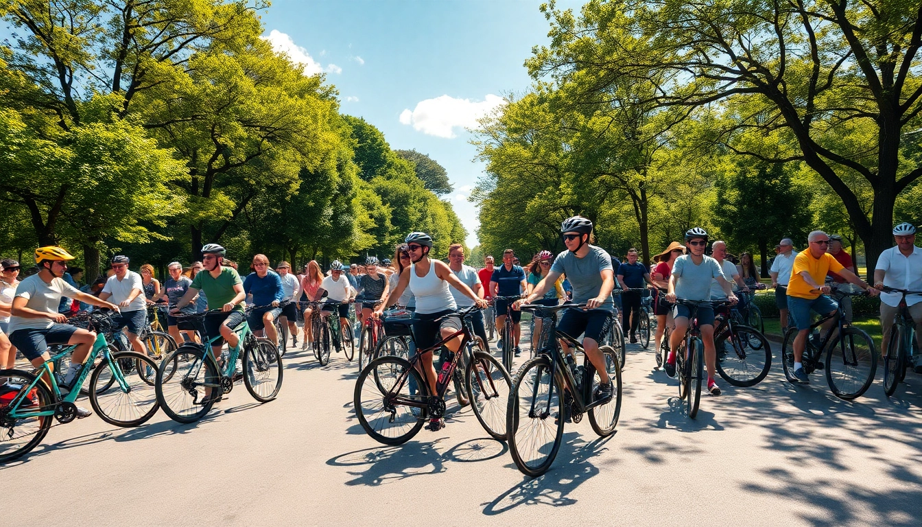Enjoy bike hire near me with friends in a sunny urban park, showcasing various bicycles and carefree atmosphere.