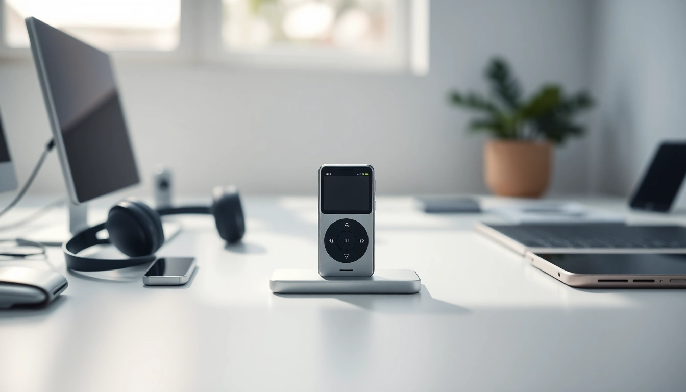 Experience the innovative features of https://hardwareplayer.com with a sleek, modern MP3 player showcased on a stylish desk.