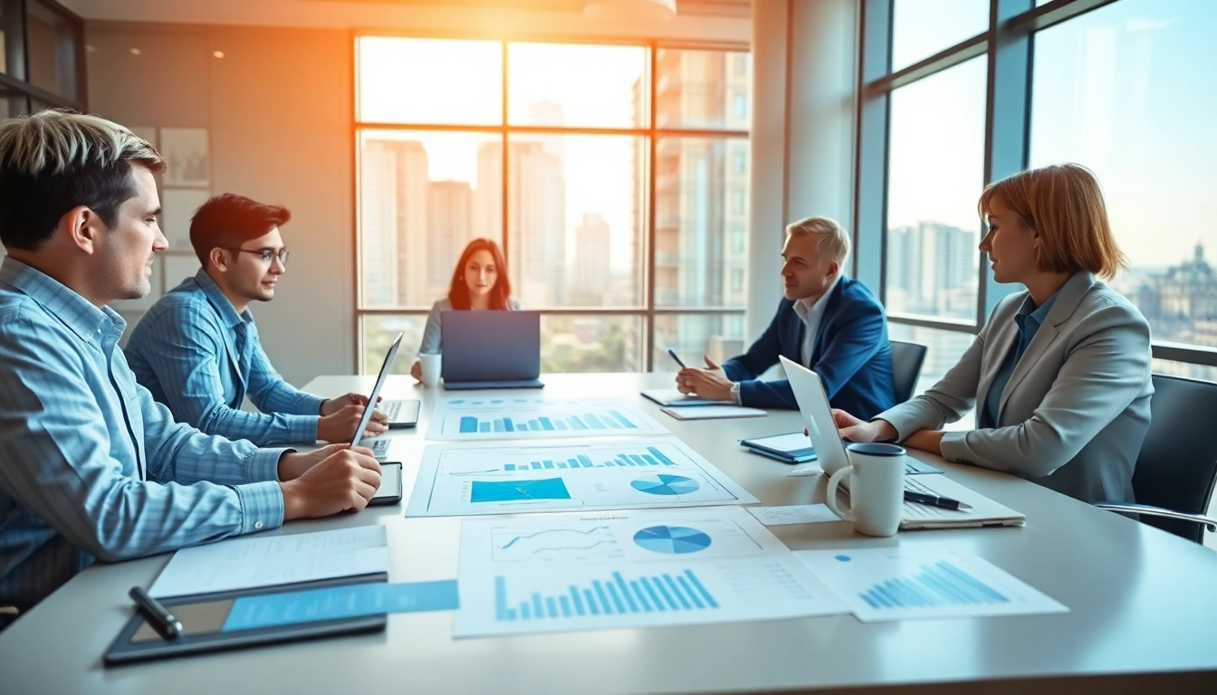 Analyze competitive intelligence trends during a professional business meeting in a modern office.