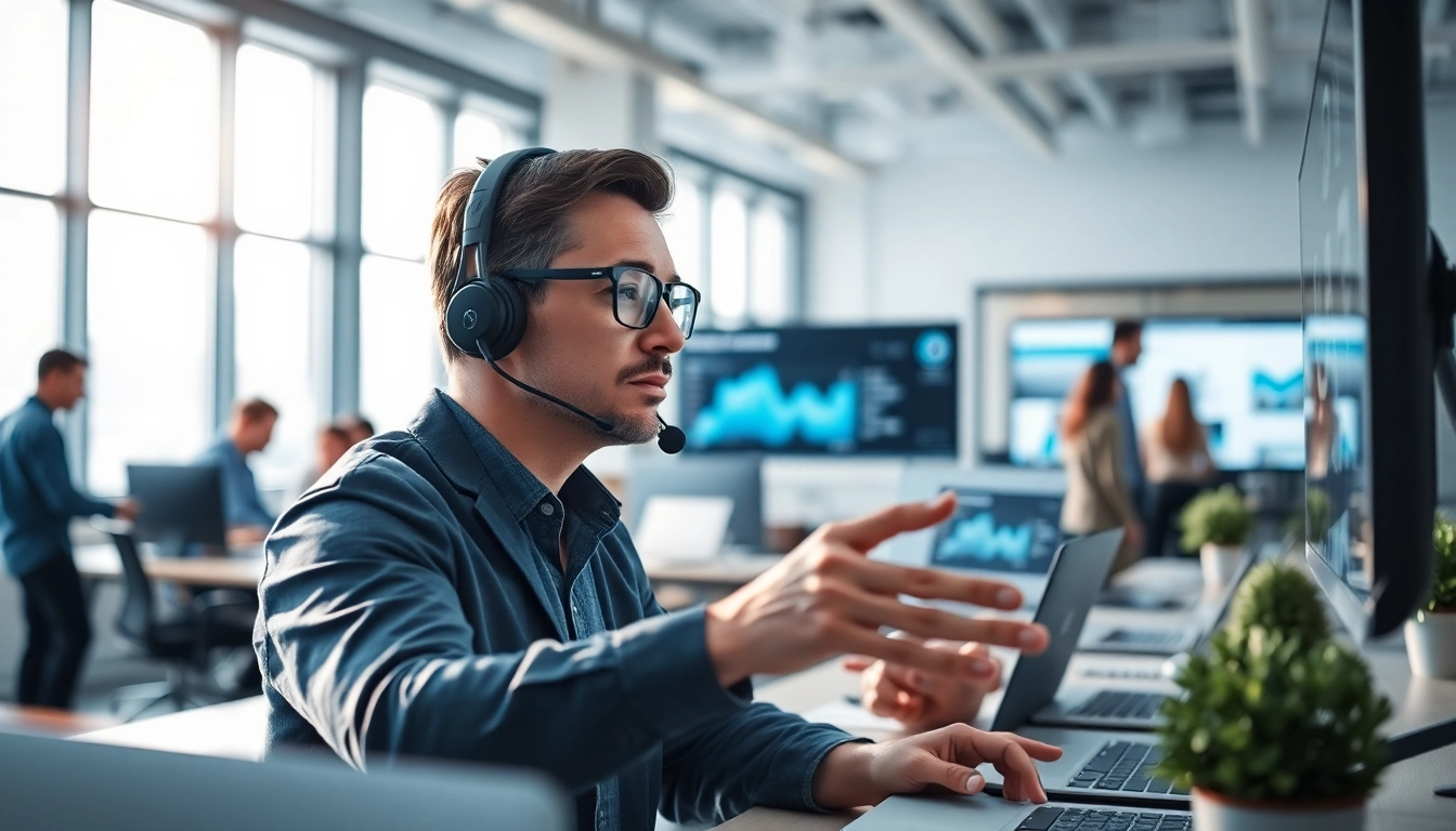 Manage Services expert collaborating in a modern office with dynamic data analysis.