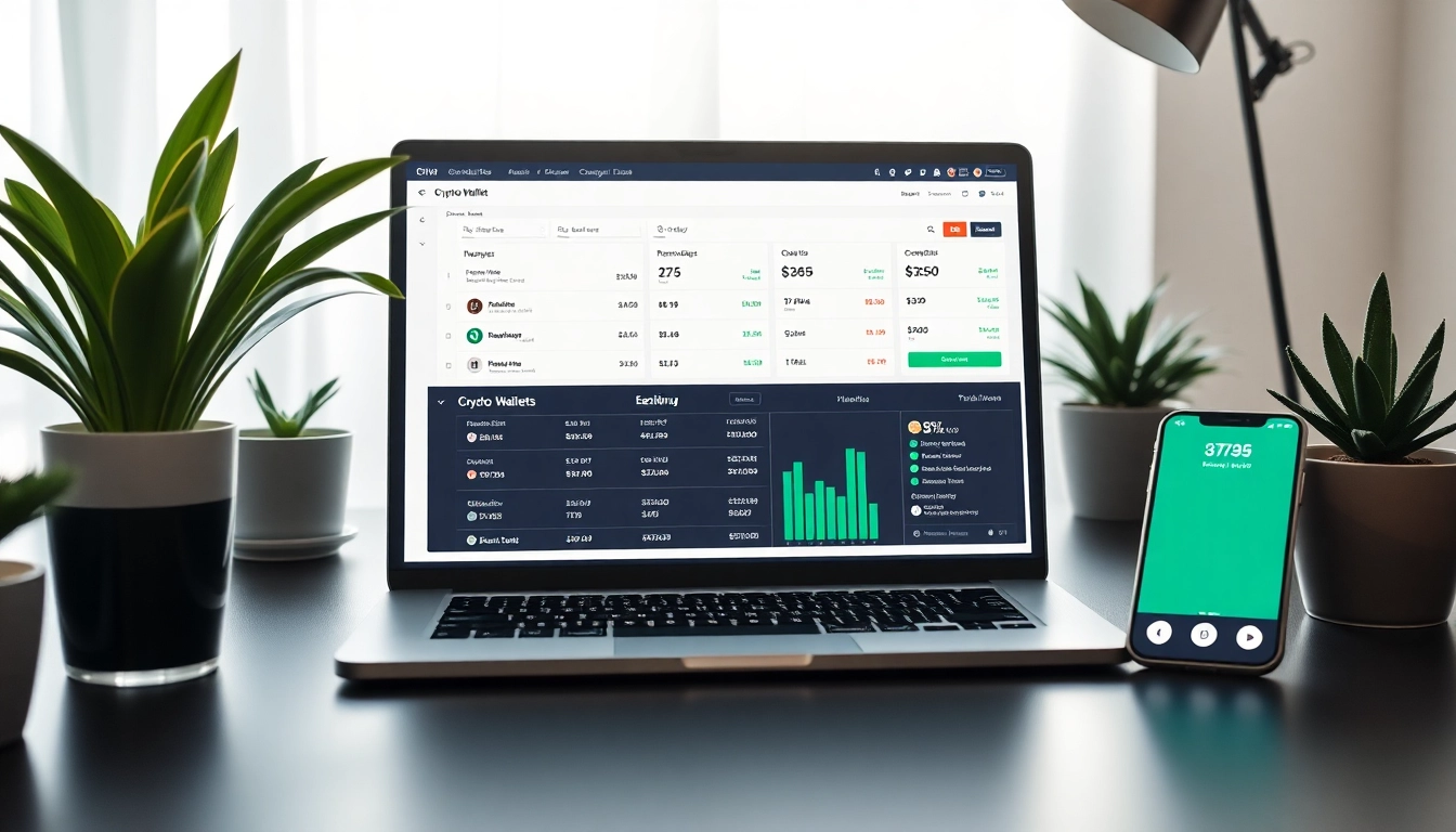 Showcase guarda wallet interface on a laptop in a modern workspace with financial controls.