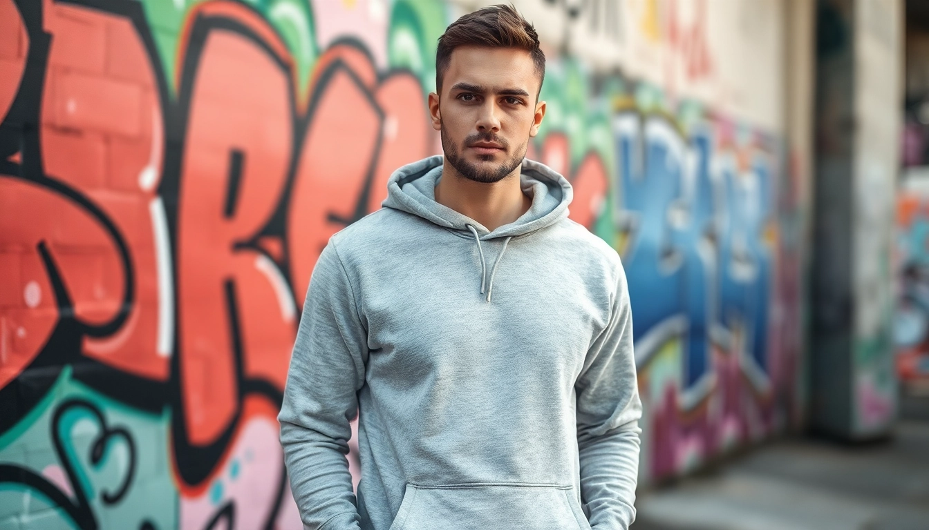Showcasing high quality blank hoodies in a stylish urban setting with vibrant graffiti backdrop.