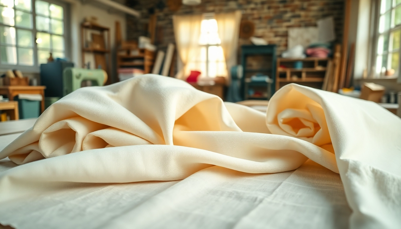 Katoen stoffen met rijke texturen en kleuren uitgestald in een atelier.