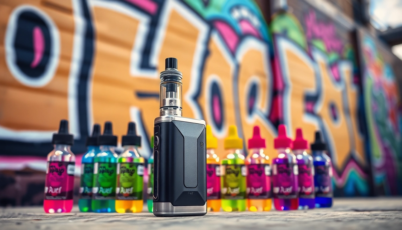 Puff vape device showcases vibrant e-liquids against an urban backdrop.