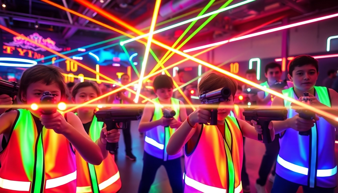 Engaged players in a laser tag arena, showcasing action, teamwork, and vibrant colors.