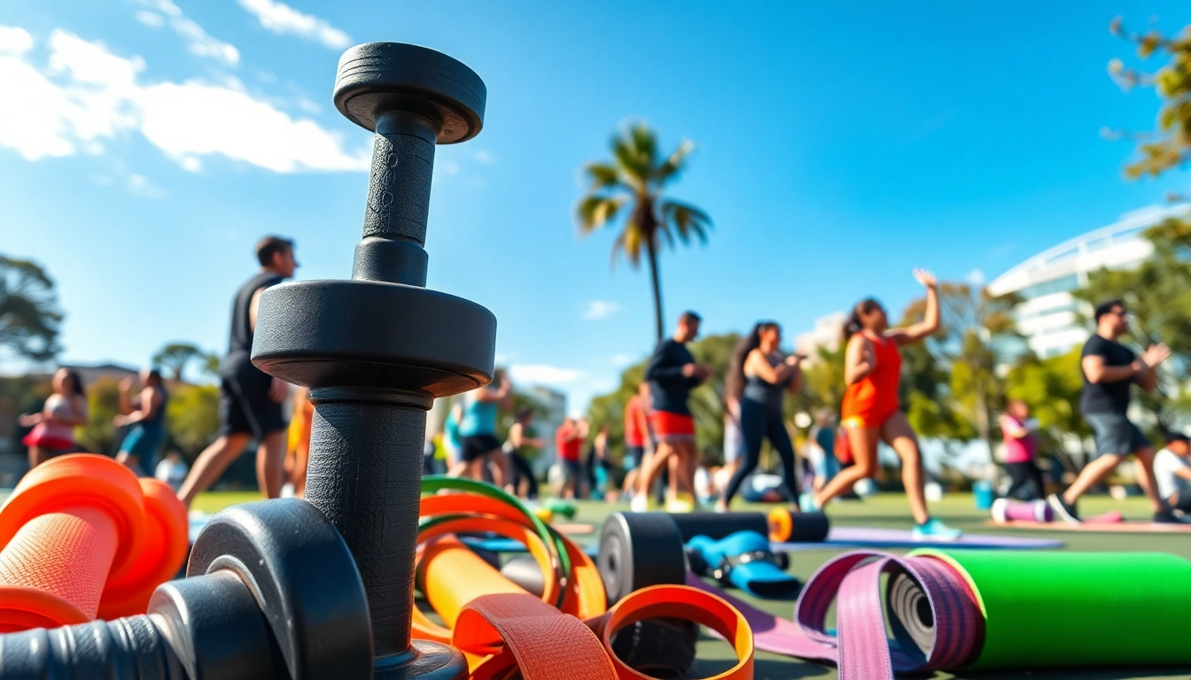 Explore fitness gear in Australia with diverse individuals actively using vibrant equipment in a lively park setting.