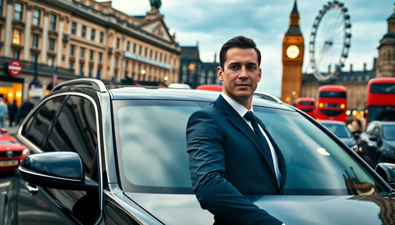 Engaging london chauffeur ready to assist clients in front of iconic London landmark