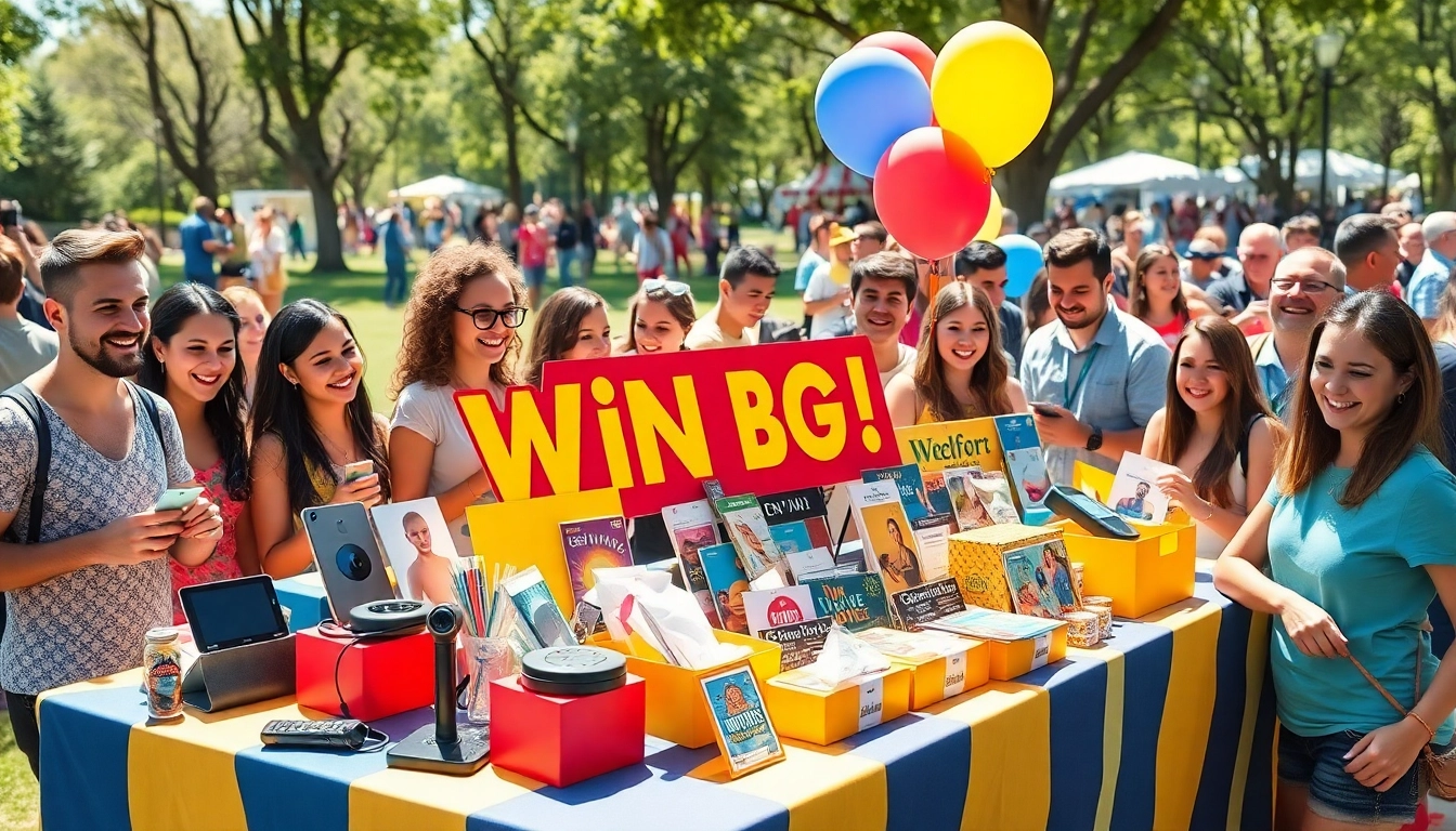 Exciting giveaway event showcasing diverse prizes, creating a lively and engaging atmosphere.