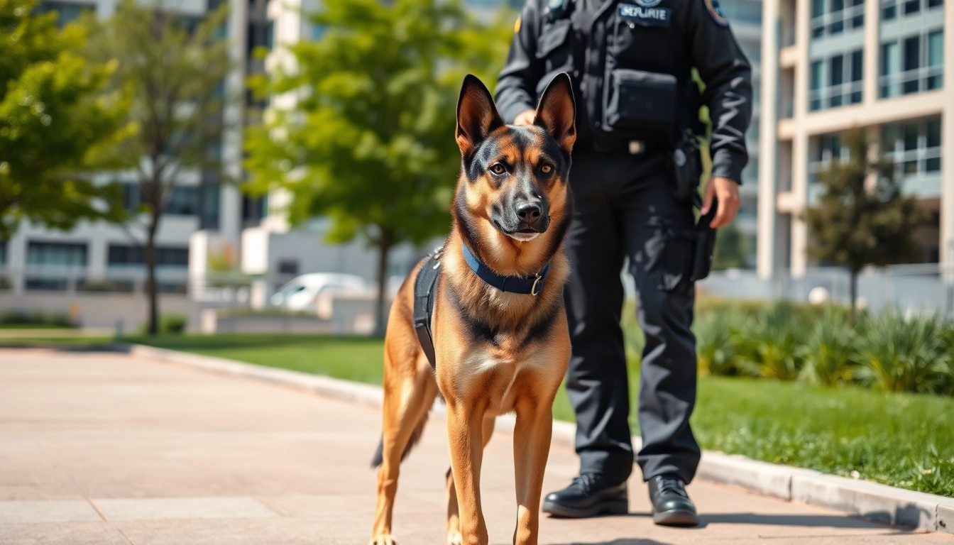 Security Dog Services Newcastle upon Tyne team working with a well-trained dog in an urban park.