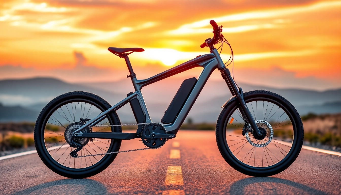 Experience the E Ride Pro SS 3.0 electric bicycle showcased against a stunning sunset.
