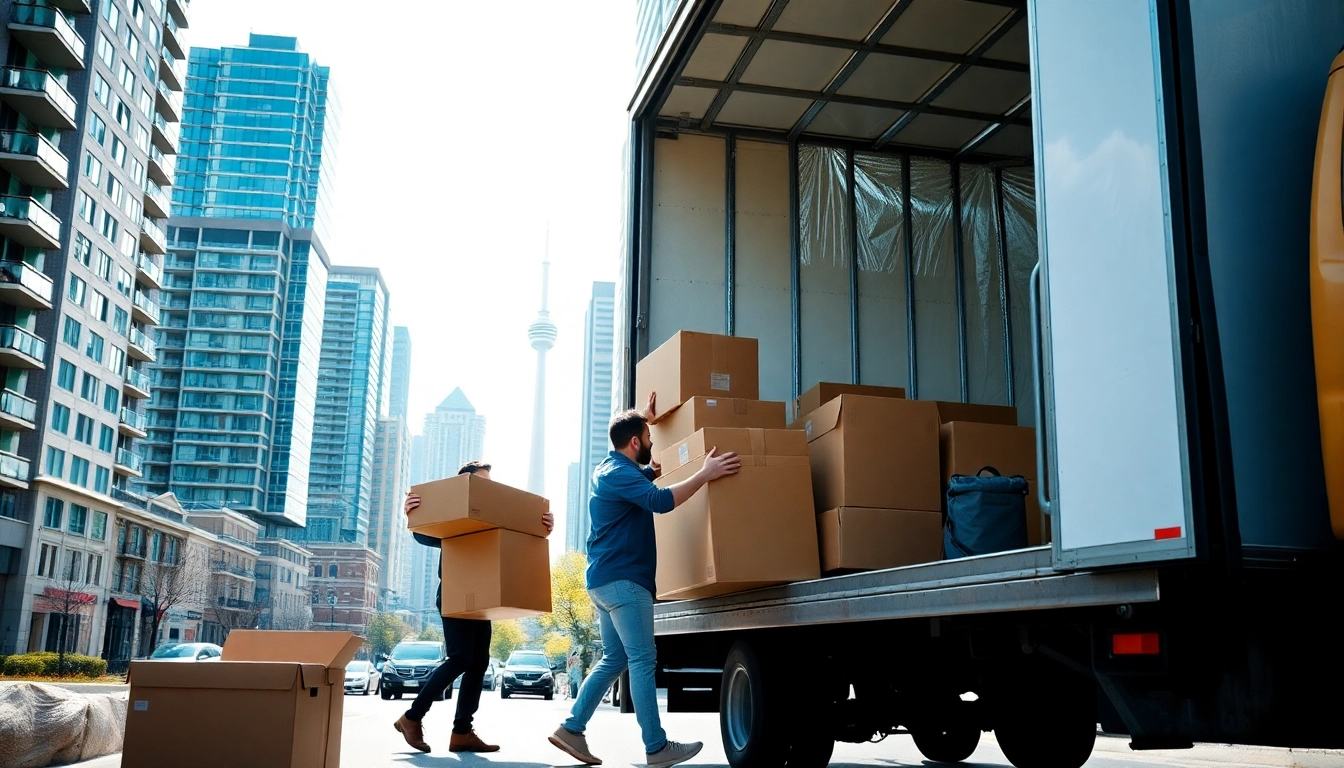 Efficient Toronto moving services with professional movers loading boxes onto a truck in a vibrant urban setting.