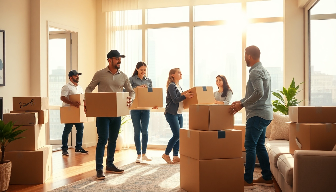 Manhattan movers facilitating a family move with teamwork and efficiency in a bright apartment.