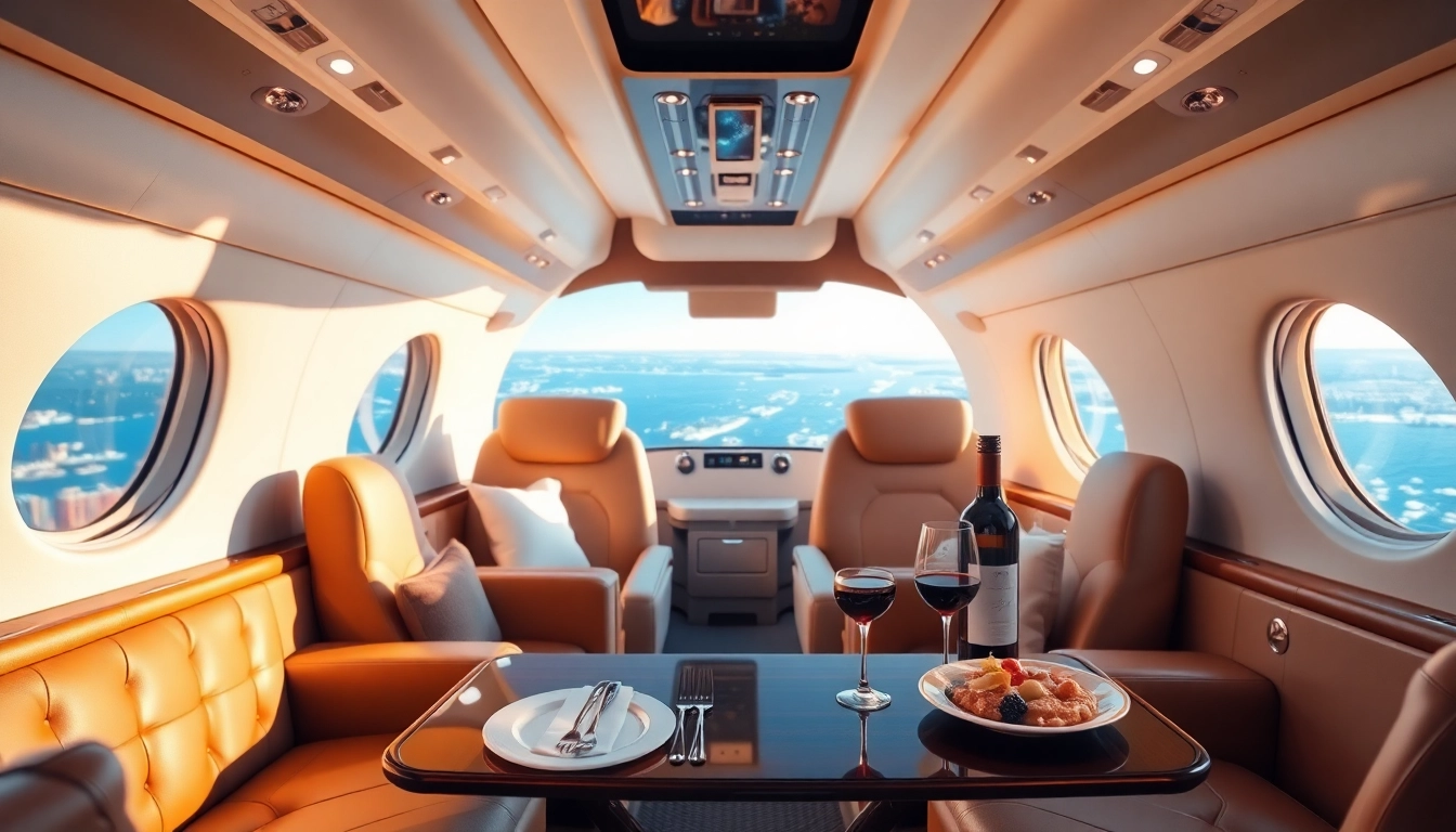 Bespoke private jet travel showcasing luxurious cabin space with personalized service and elegant decor.