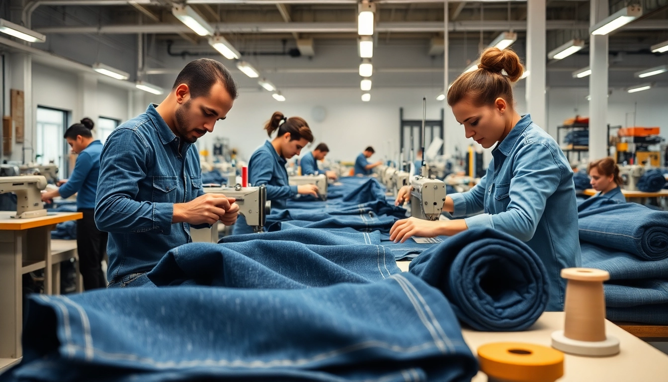 Crafting high-quality jeans at jeans factory manufacturers showcasing skilled artisans.