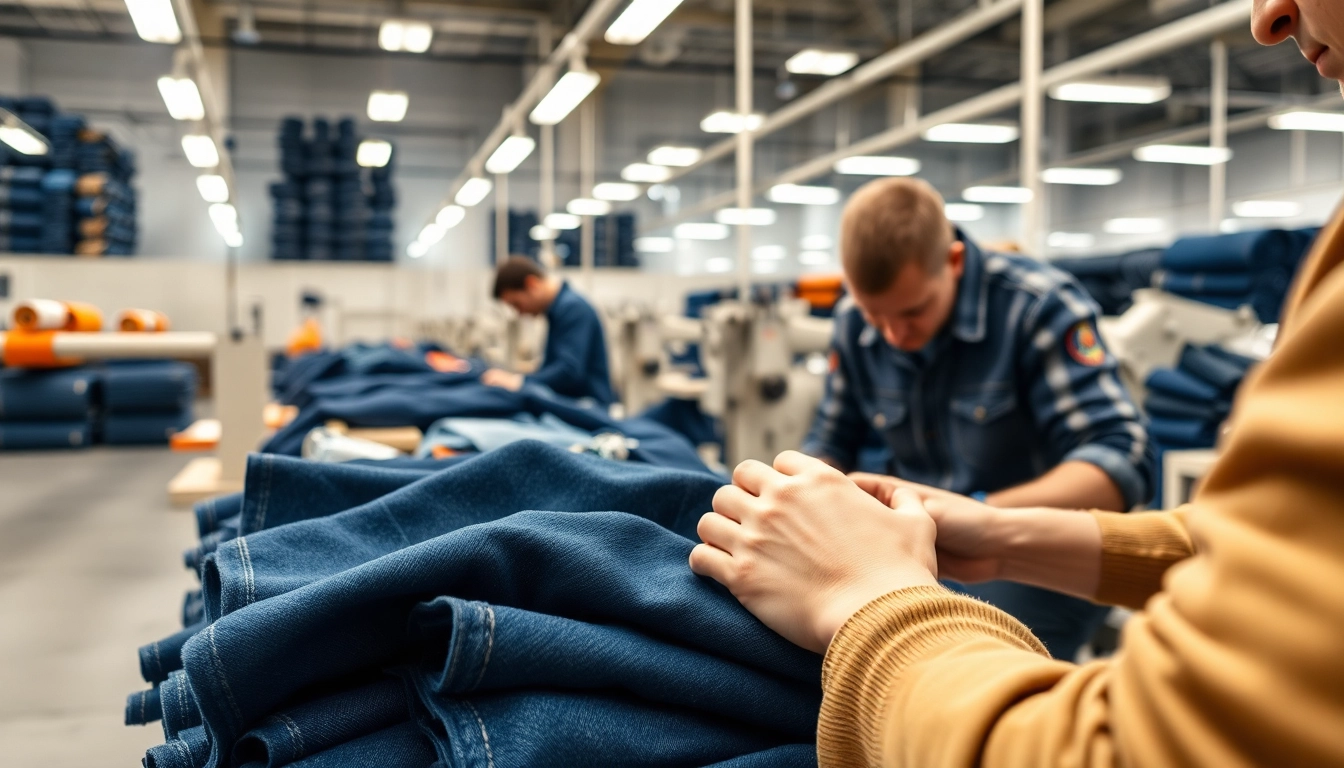 Showcasing jeans factory manufacturers crafting high-quality denim jeans in a vibrant textile facility.