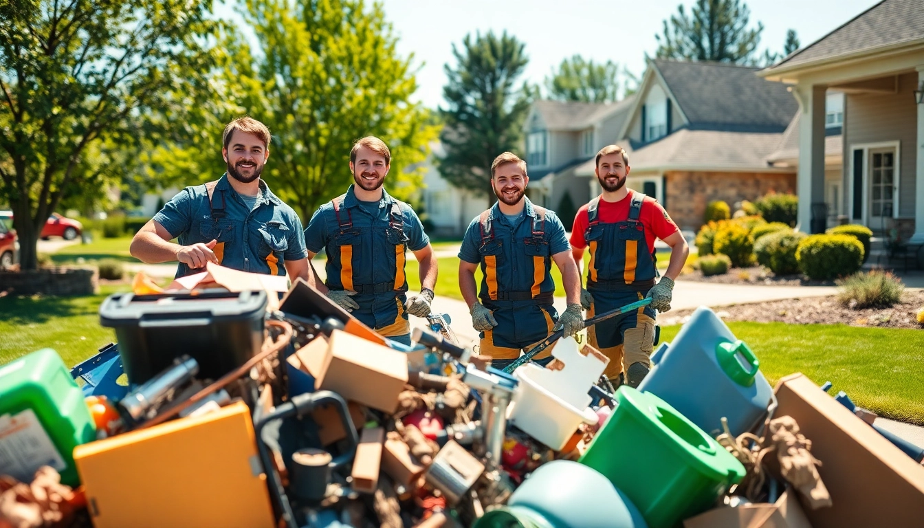 Efficient junk removal near me by professional workers clearing debris from a residential area.
