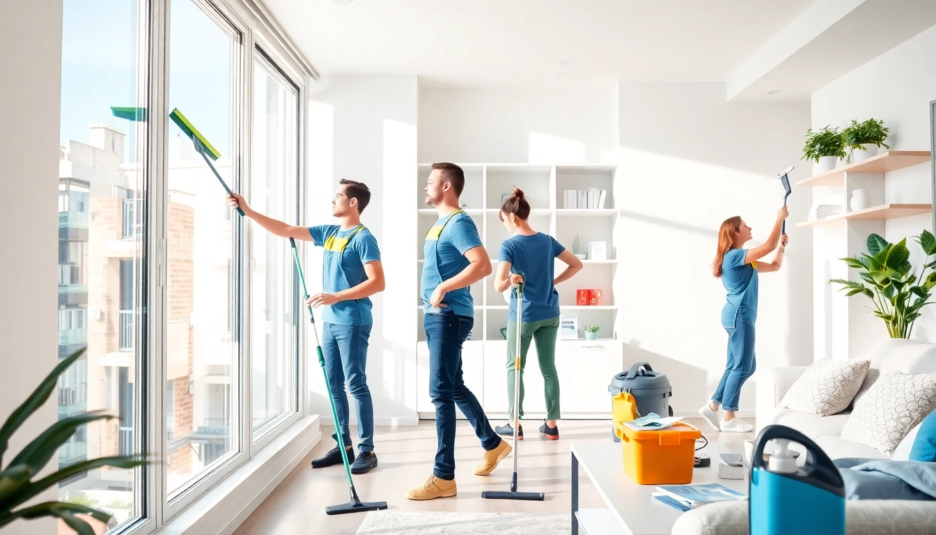 Bond cleaning professionals diligently scrubbing surfaces in a bright apartment.