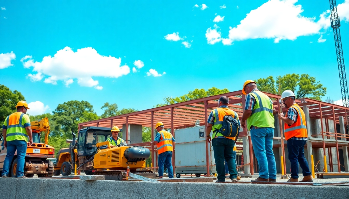 Austin construction workers actively collaborating on a site, showcasing teamwork and tools.