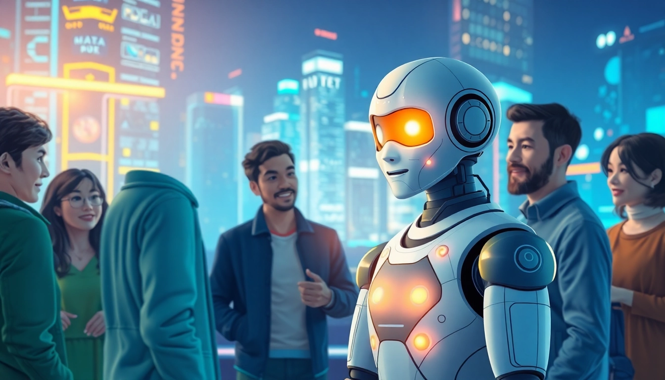 Engaging AI companion unlimited interacts with diverse users in a vibrant futuristic setting.