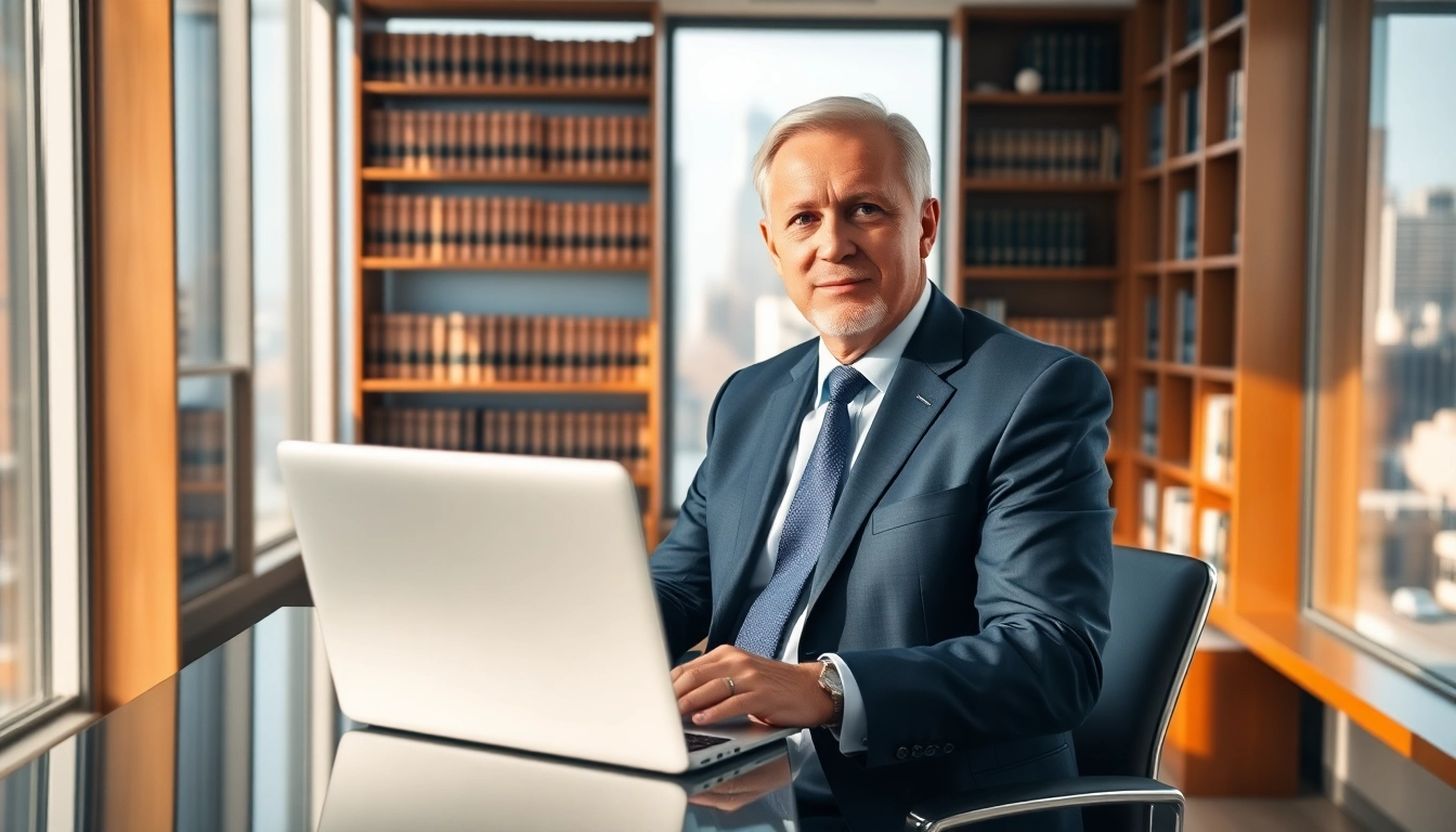 Confident Divorce Lawyer working at a desk in a modern office setting, showcasing expertise and professionalism.