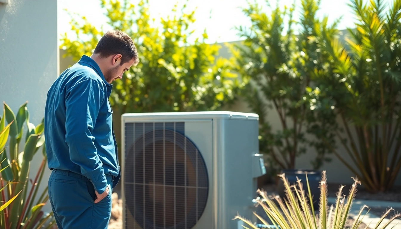 Inspecting Scottsdale AC unit by a professional technician in a sunny backyard setting.