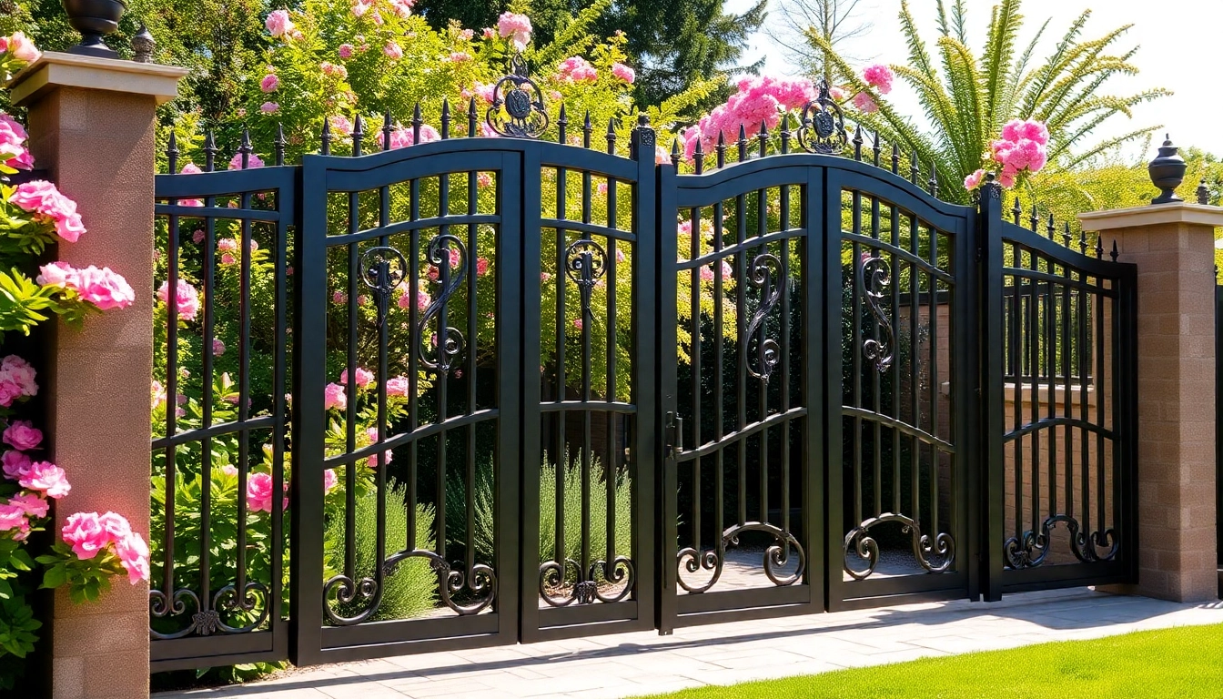 Custom steel gates enhancing a beautiful garden with intricate designs and polished textures.