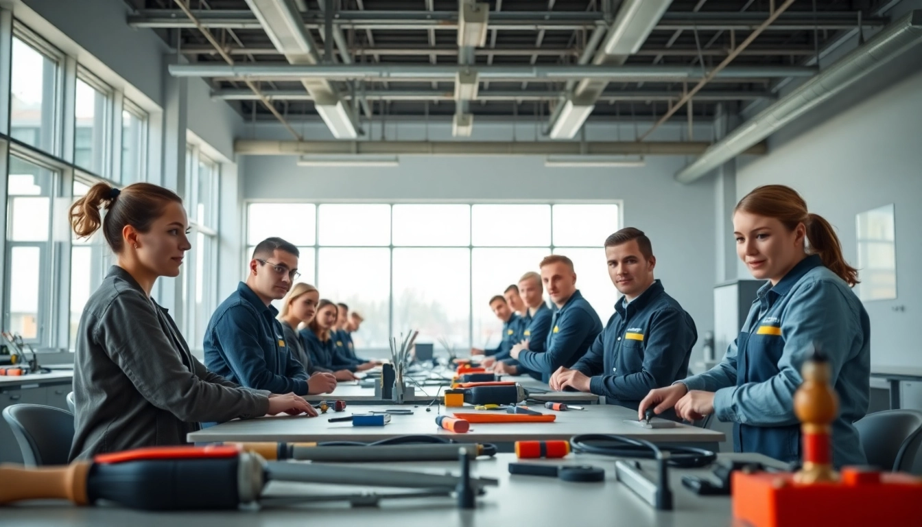 Students engaged in hands-on practices at abc trade school in a bright, modern classroom.