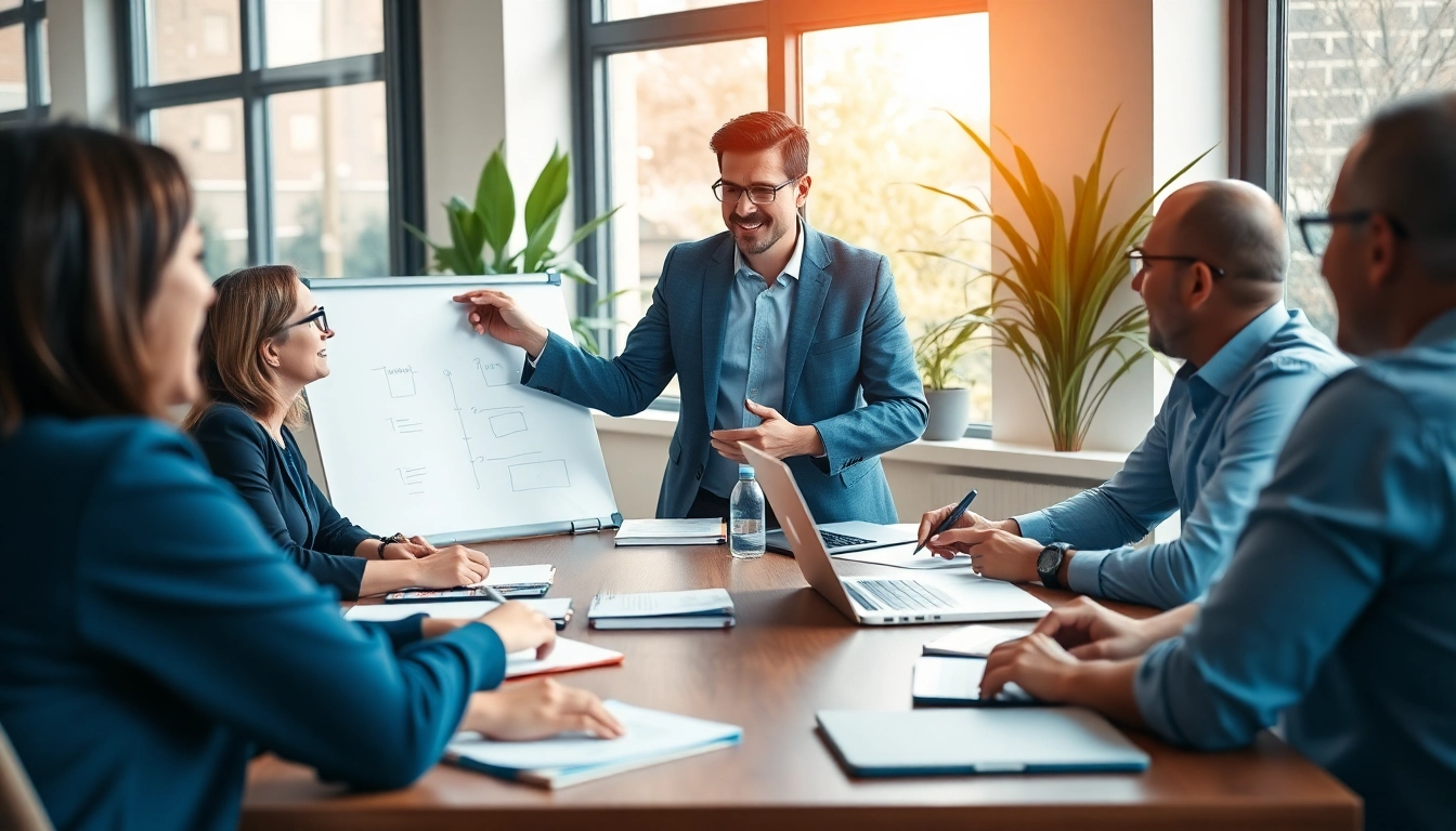 Engaging business coaching service session with professional coach guiding clients.