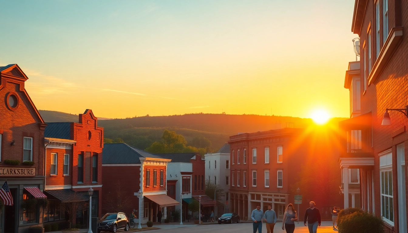 View of clarksburg during sunset showcasing historic buildings and vibrant colors.