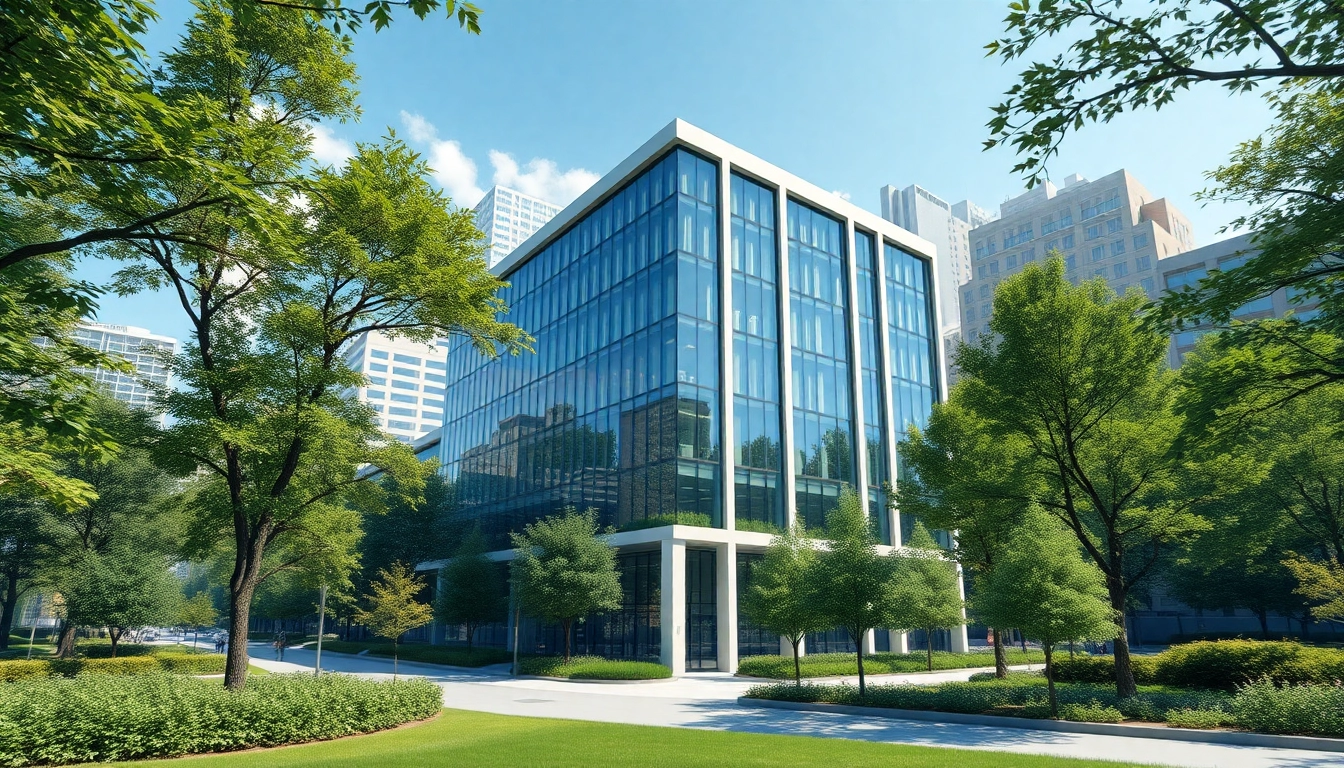 Visualisierung Architektur mit einem modernen Gebäude in einer lebendigen urbanen Umgebung.